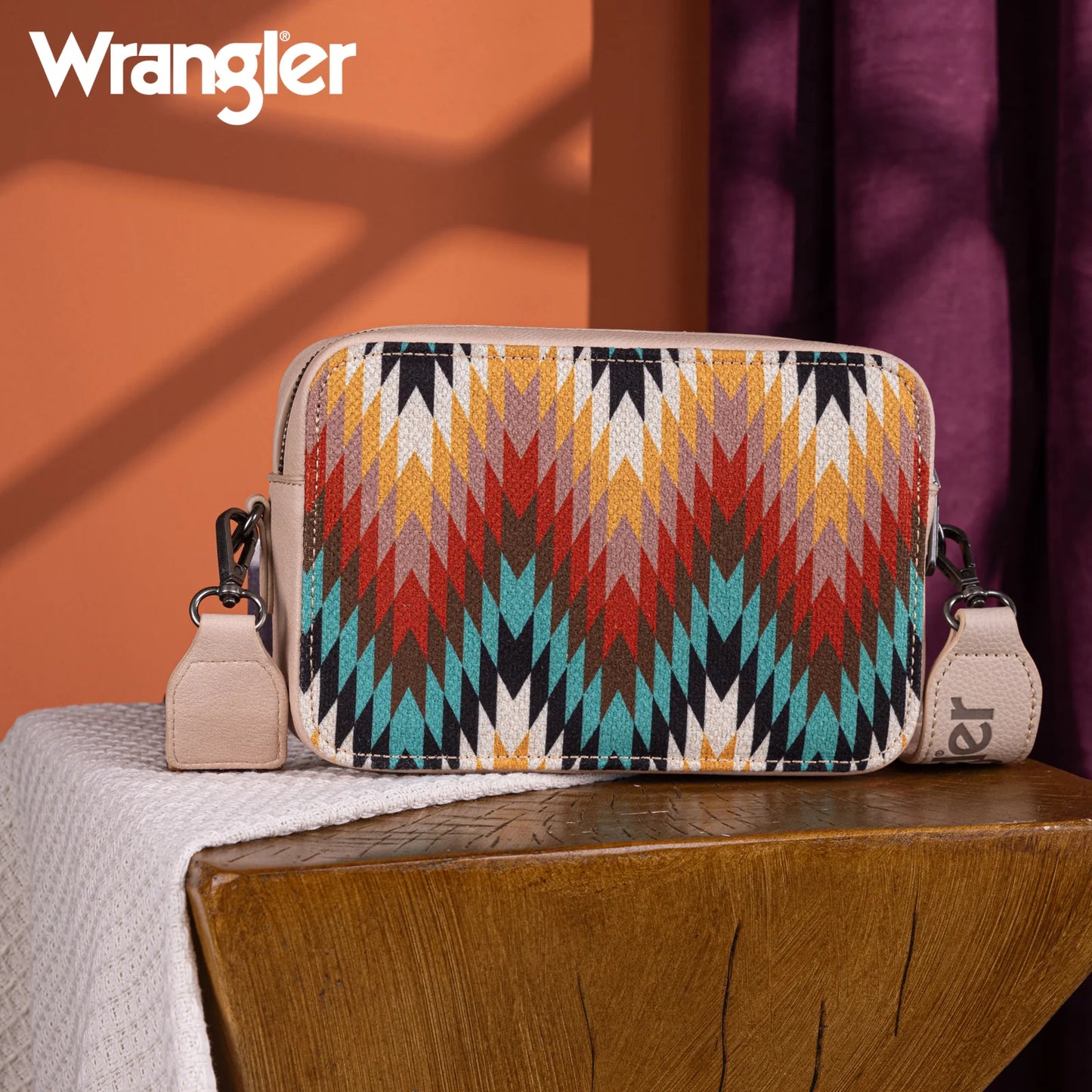 Wrangler Southwestern Pattern Dual Sided Print Crossbody Purse With Wallet Compartment - Tan - WG2211-3003TN