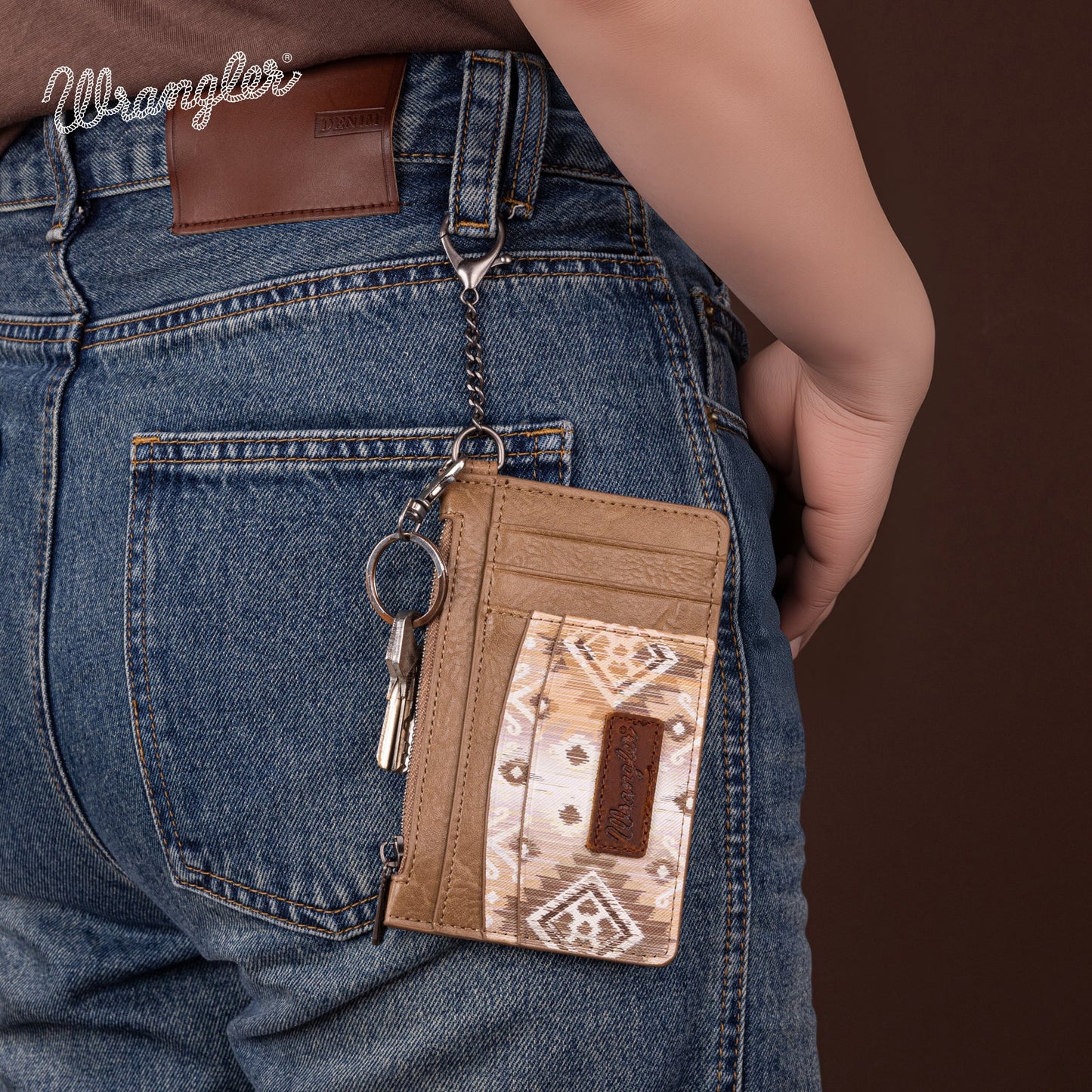 W0092 Wrangler Aztec Print Key Chain Wristlet Card Wallet - Khaki - WG137-W0092KH