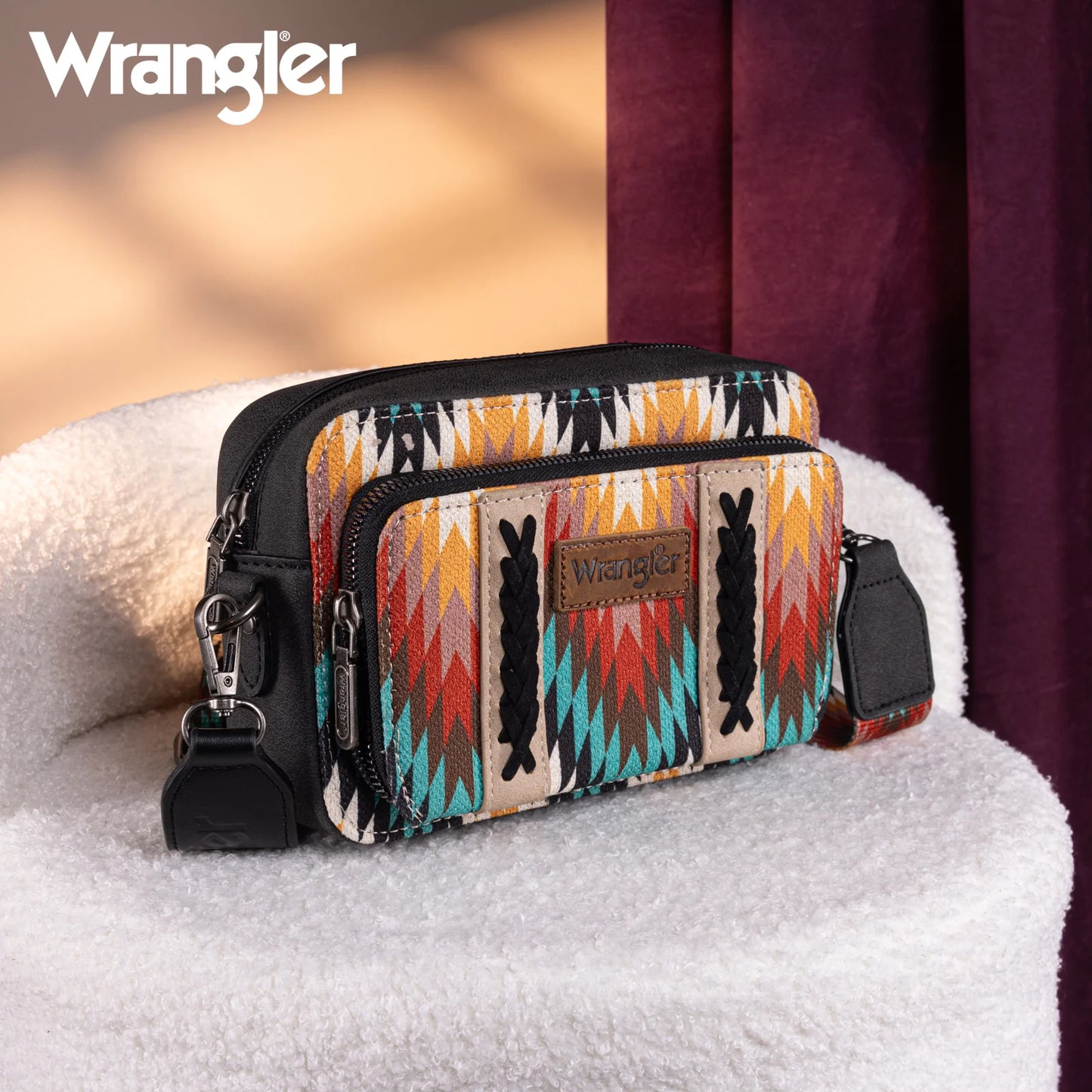 Wrangler Southwestern Pattern Dual Sided Print Crossbody Purse With Wallet Compartment - Black - WG2211-3003BK