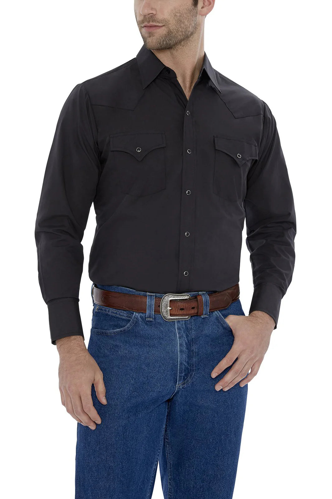 black western dress shirt Men's Ely Cattleman Long Sleeve Solid Western Snap Shirt Black / XL