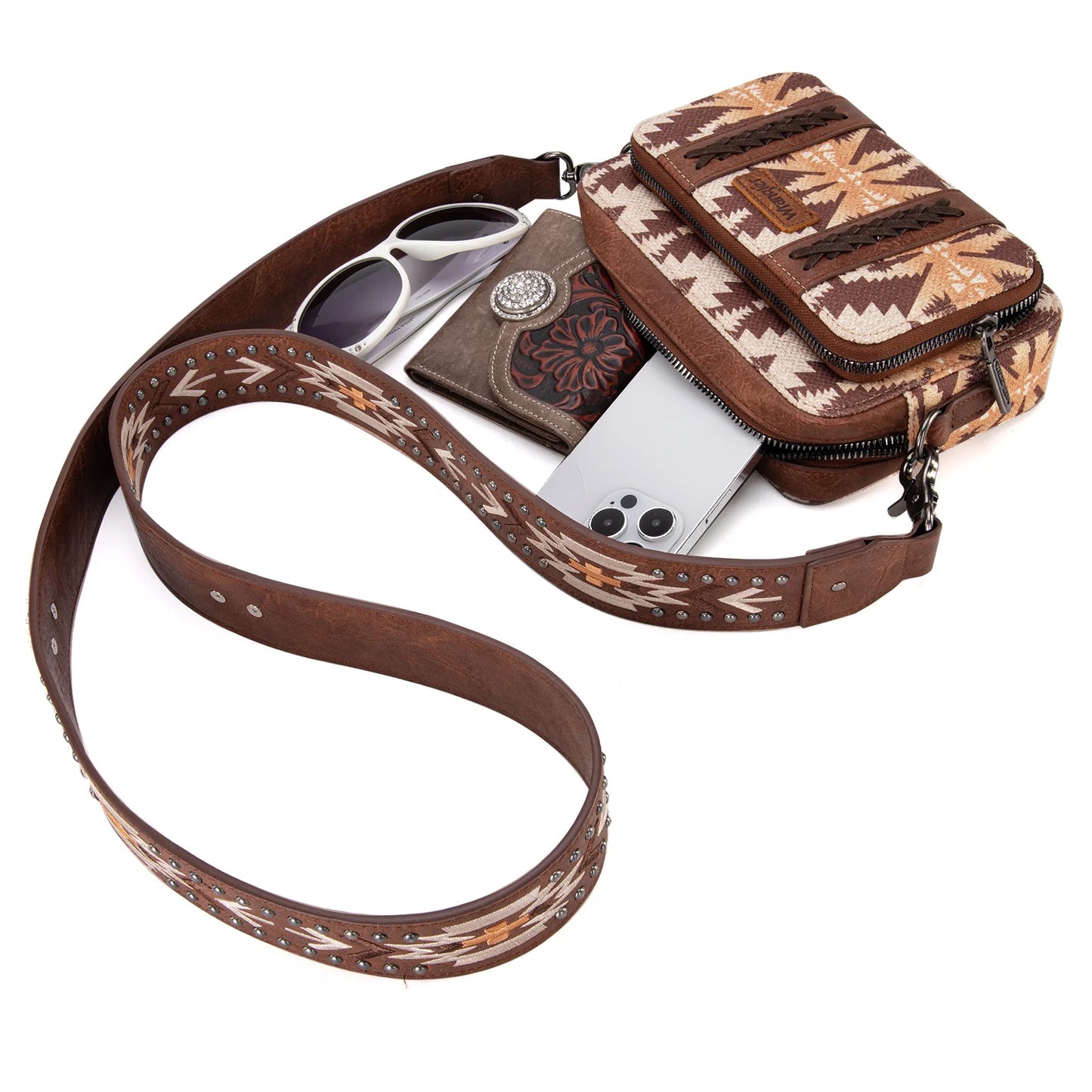 Wrangler Aztec Printed Crossbody Purse With Wallet Compartment - Light Coffee - WG2207-3003LCF