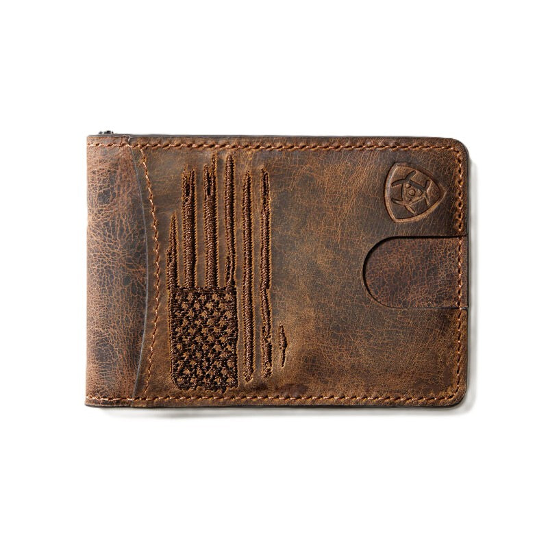 Ariat Bifold Slim Money Clip Wallet Patriot Flag Embroidery Brown - A3546002