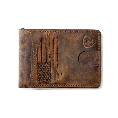 Ariat Bifold Slim Money Clip Wallet Patriot Flag Embroidery Brown - A3546002