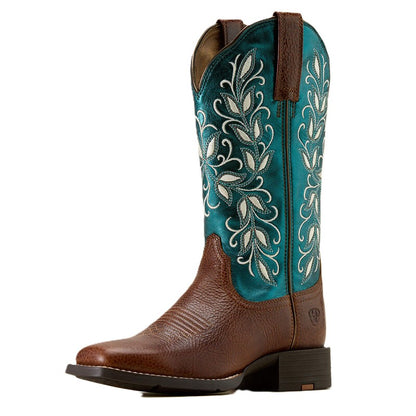 Ariat Women's Round Up Holly Wide Square Toe Western Boot - Metallic Sea - 10074373