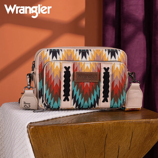 Wrangler Southwestern Pattern Dual Sided Print Crossbody Purse With Wallet Compartment - Tan - WG2211-3003TN
