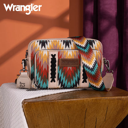Wrangler Southwestern Pattern Dual Sided Print Crossbody Purse With Wallet Compartment - Tan - WG2211-3003TN