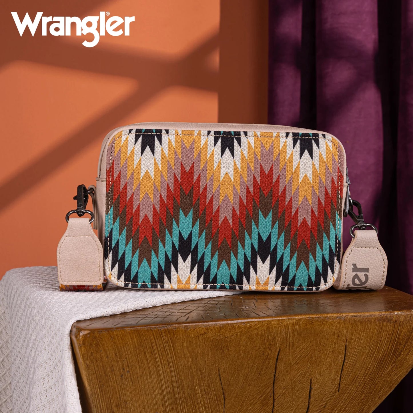 Wrangler Southwestern Pattern Dual Sided Print Crossbody Purse With Wallet Compartment - Tan - WG2211-3003TN