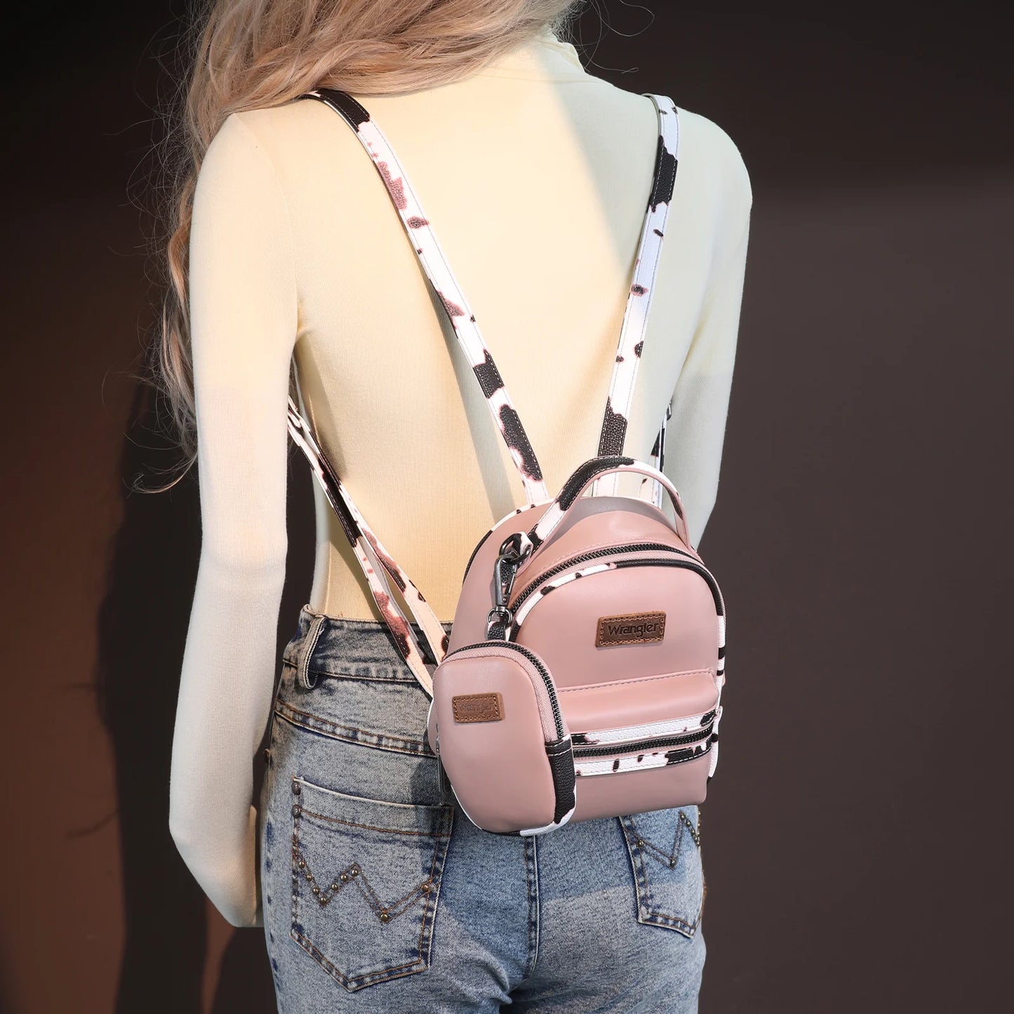 Wrangler Cow Print Trimmed Mini Backpack With Coin Pouch - Pink - WG102-8600PK