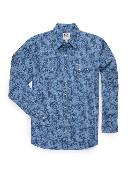 Long Sleeve Paisley Stripe Denim Blue