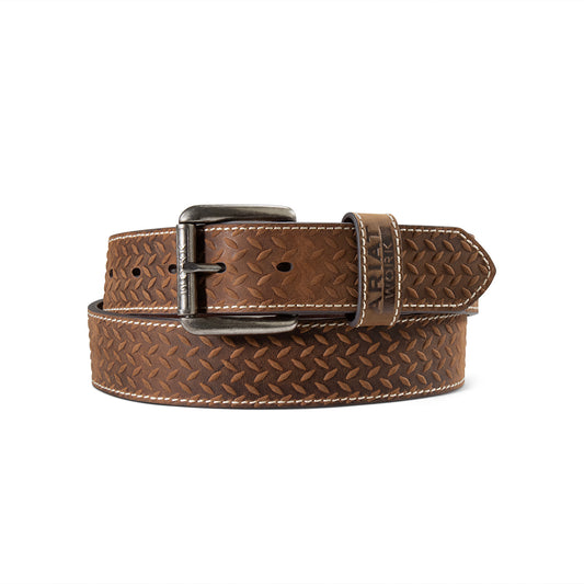Ariat Mens Work Belt 1 1/2 Diamond Plate Embossed Medium Brown - A1702044