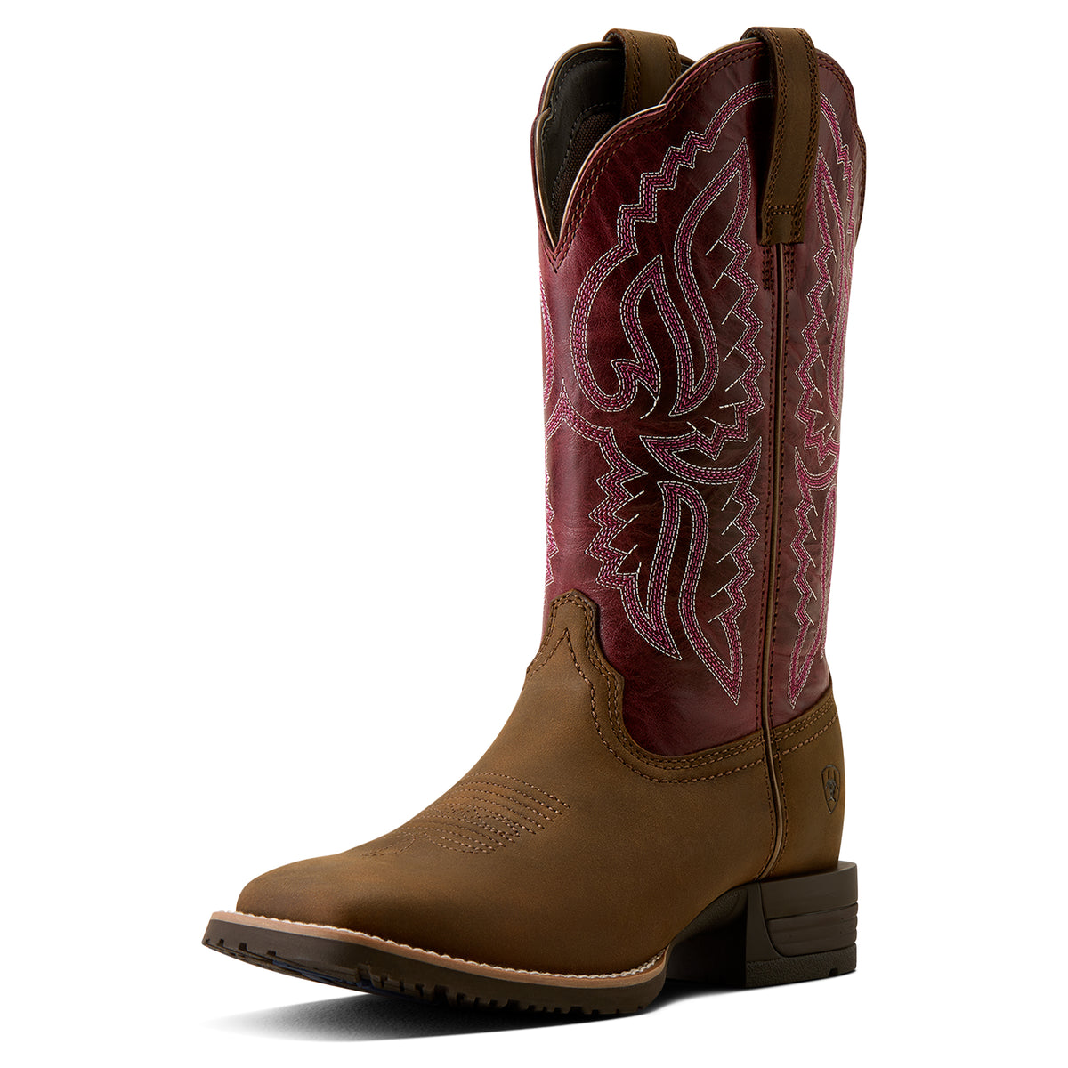 Ariat Women's Hybrid Ranchwork Wide Square Toe Western Boot - BACKWOODS BROWN|BERRY SPICE - 10080426