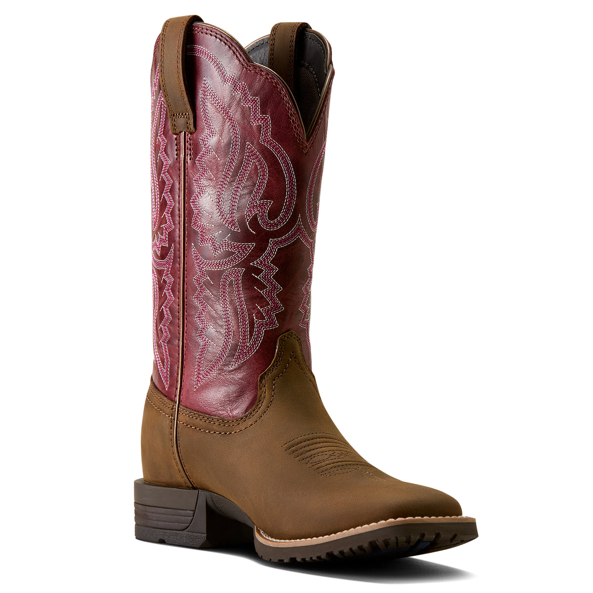 Ariat Women's Hybrid Ranchwork Wide Square Toe Western Boot - BACKWOODS BROWN|BERRY SPICE - 10080426