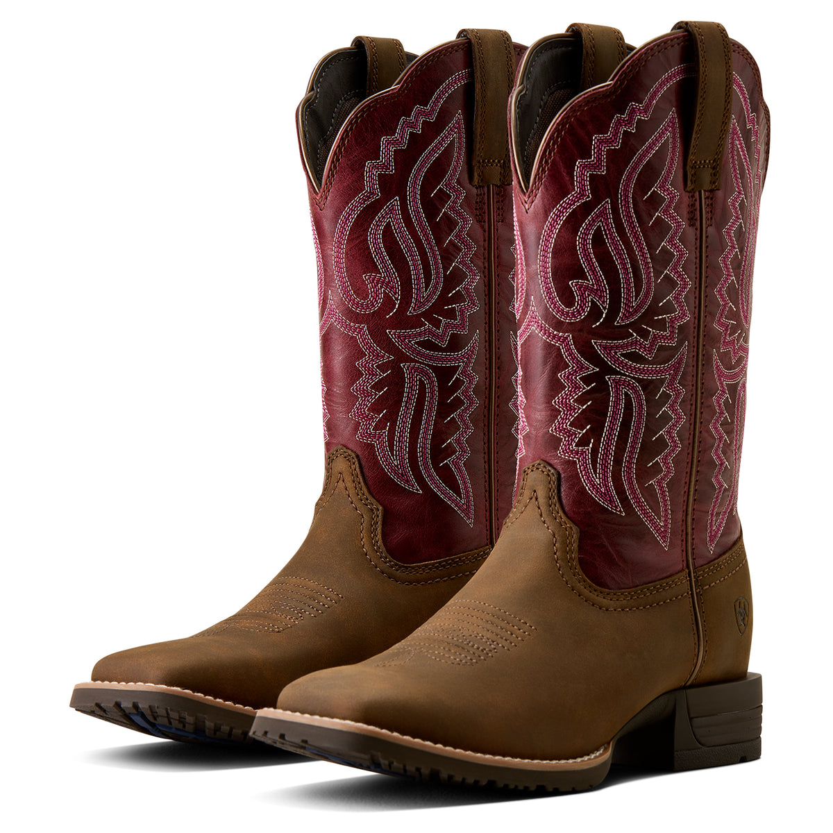 Ariat Women's Hybrid Ranchwork Wide Square Toe Western Boot - BACKWOODS BROWN|BERRY SPICE - 10080426