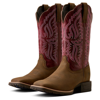 Ariat Women's Hybrid Ranchwork Wide Square Toe Western Boot - BACKWOODS BROWN|BERRY SPICE - 10080426