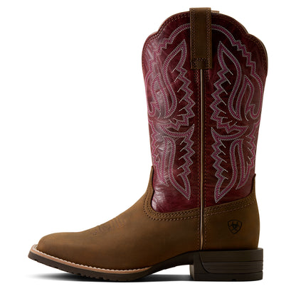 Ariat Women's Hybrid Ranchwork Wide Square Toe Western Boot - BACKWOODS BROWN|BERRY SPICE - 10080426