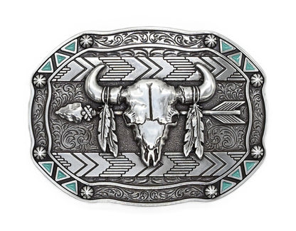 Nocona Mens Rectangle Arrow Skull Feather Buckle