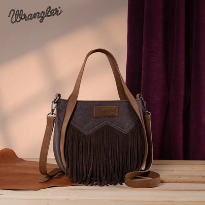 Wrangler "W" Stitch Fringe Two Tone Tote/Crossbody - Coffee - WG162-8136CF