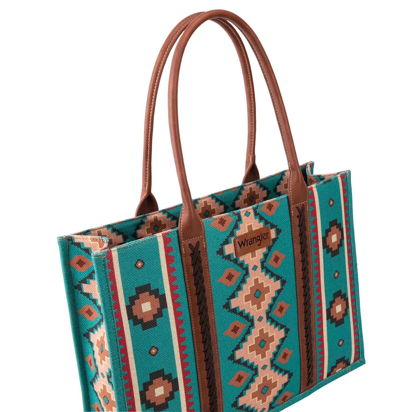 Wrangler Southwestern Pattern Dual Sided Print Canvas Wide Tote - Turquoise - WG2203-8119TQ