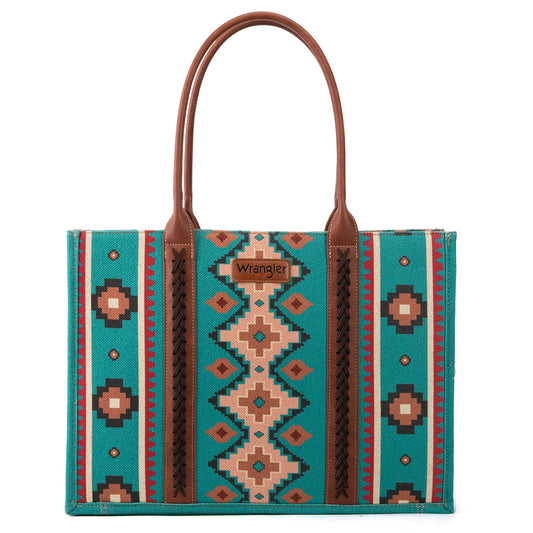 Wrangler Southwestern Pattern Dual Sided Print Canvas Wide Tote - Turquoise - WG2203-8119TQ