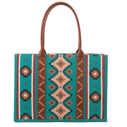 Wrangler Southwestern Pattern Dual Sided Print Canvas Wide Tote - Turquoise - WG2203-8119TQ