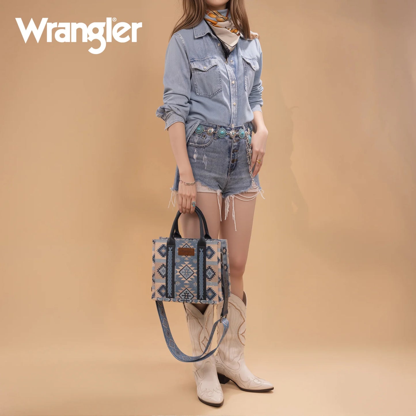 Wrangler Aztec Pattern Dual Sided Print -Tote/Crossbody -Blue - WG2209-8120SJN
