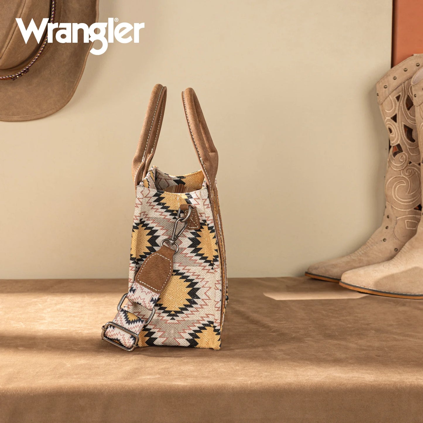 Wrangler Aztec Distressed Print Dual Sided Print -Tote/Crossbody - Beige - WG221-8120BG