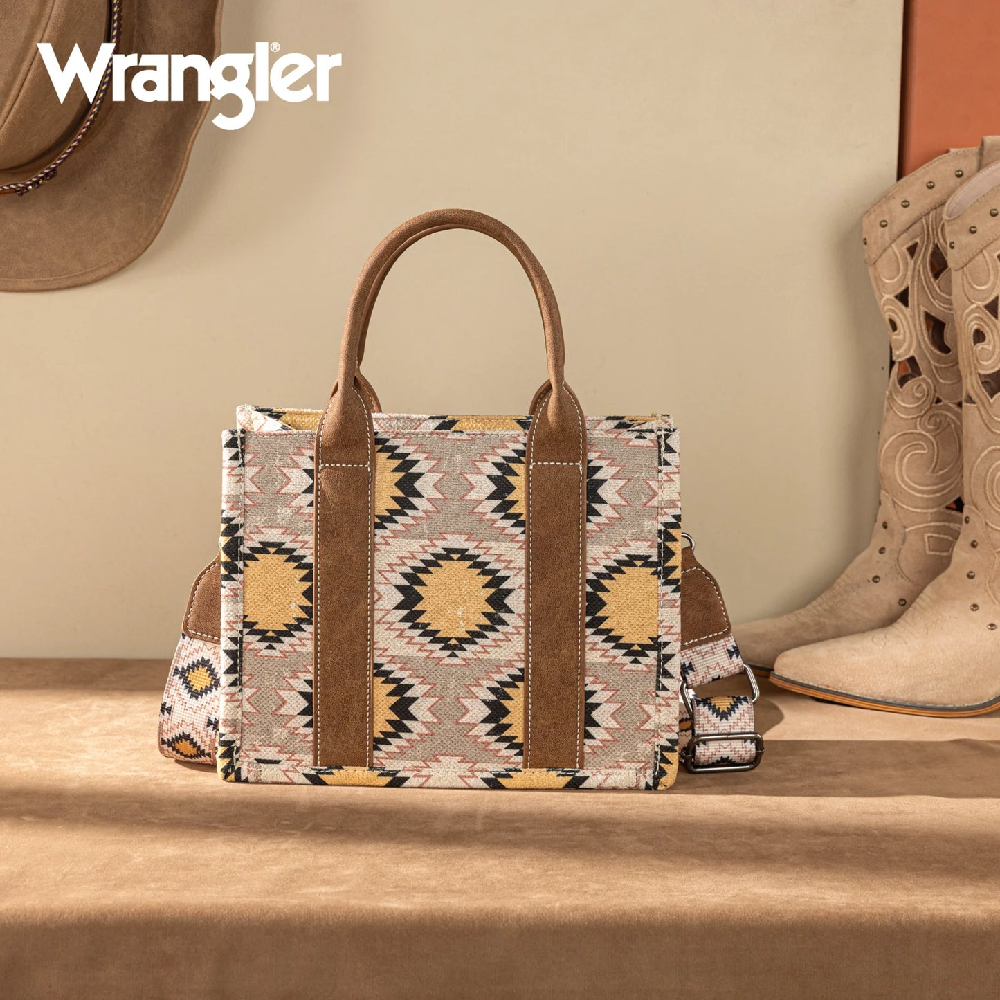 Wrangler Aztec Distressed Print Dual Sided Print -Tote/Crossbody - Beige - WG221-8120BG