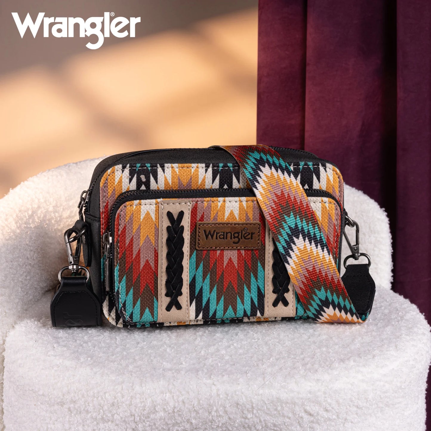 Wrangler Southwestern Pattern Dual Sided Print Crossbody Purse With Wallet Compartment - Black - WG2211-3003BK