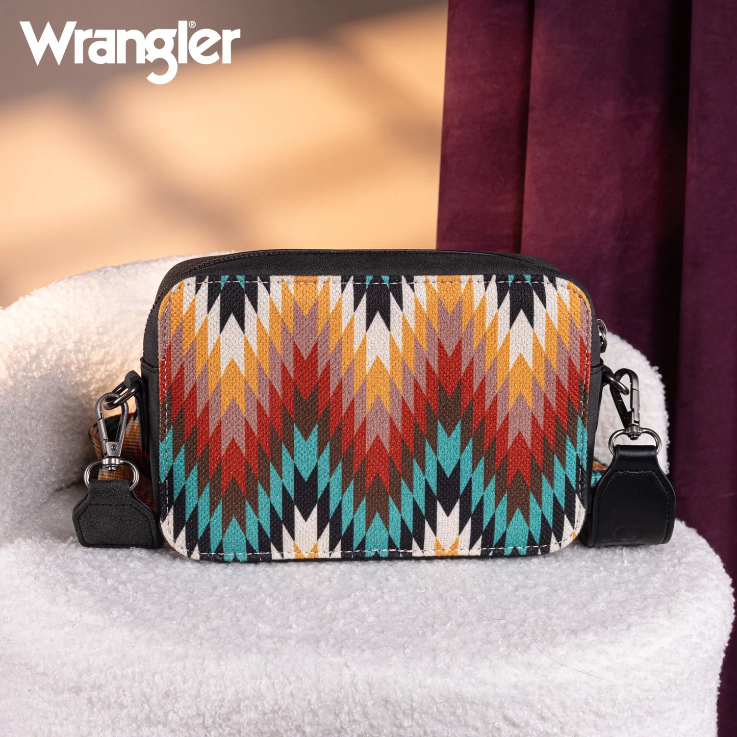 Wrangler Southwestern Pattern Dual Sided Print Crossbody Purse With Wallet Compartment - Black - WG2211-3003BK