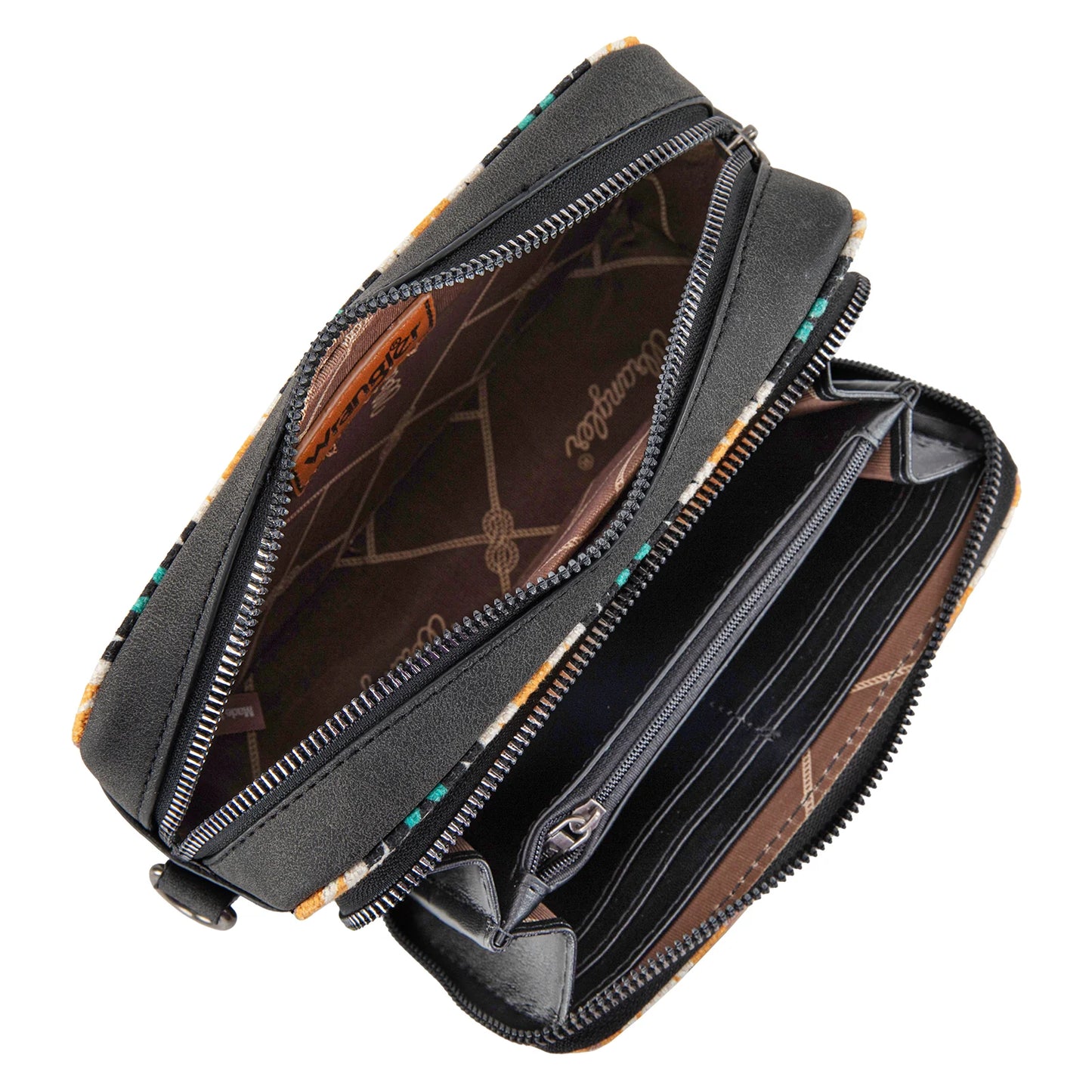 Wrangler Southwestern Pattern Dual Sided Print Crossbody Purse With Wallet Compartment - Black - WG2211-3003BK