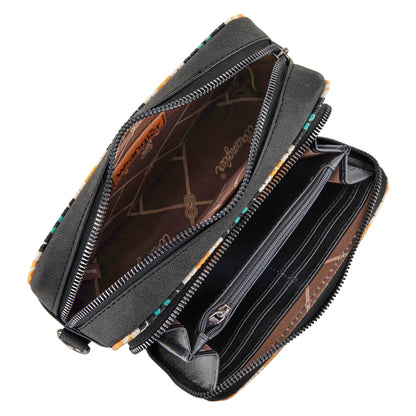 Wrangler Southwestern Pattern Dual Sided Print Crossbody Purse With Wallet Compartment - Black - WG2211-3003BK