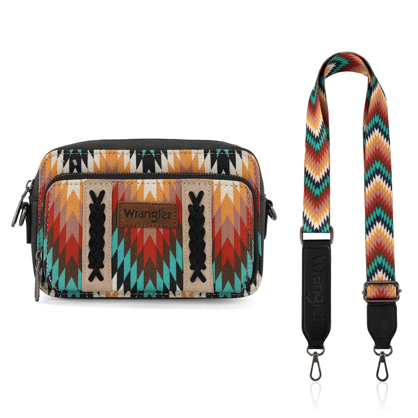 Wrangler Southwestern Pattern Dual Sided Print Crossbody Purse With Wallet Compartment - Black - WG2211-3003BK