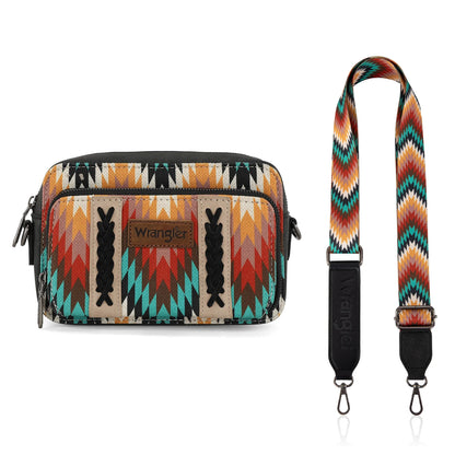 Wrangler Southwestern Pattern Dual Sided Print Crossbody Purse With Wallet Compartment - Black - WG2211-3003BK