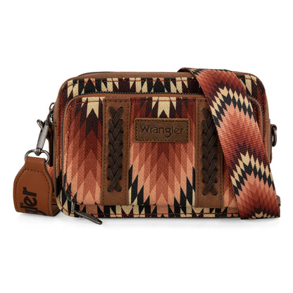 Wrangler Southwestern Pattern Dual Sided Print Crossbody Purse With Wallet Compartment -Brown - WG2211-3003BR