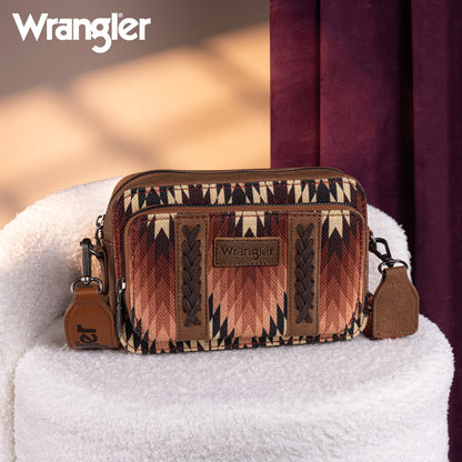 Wrangler Southwestern Pattern Dual Sided Print Crossbody Purse With Wallet Compartment -Brown - WG2211-3003BR
