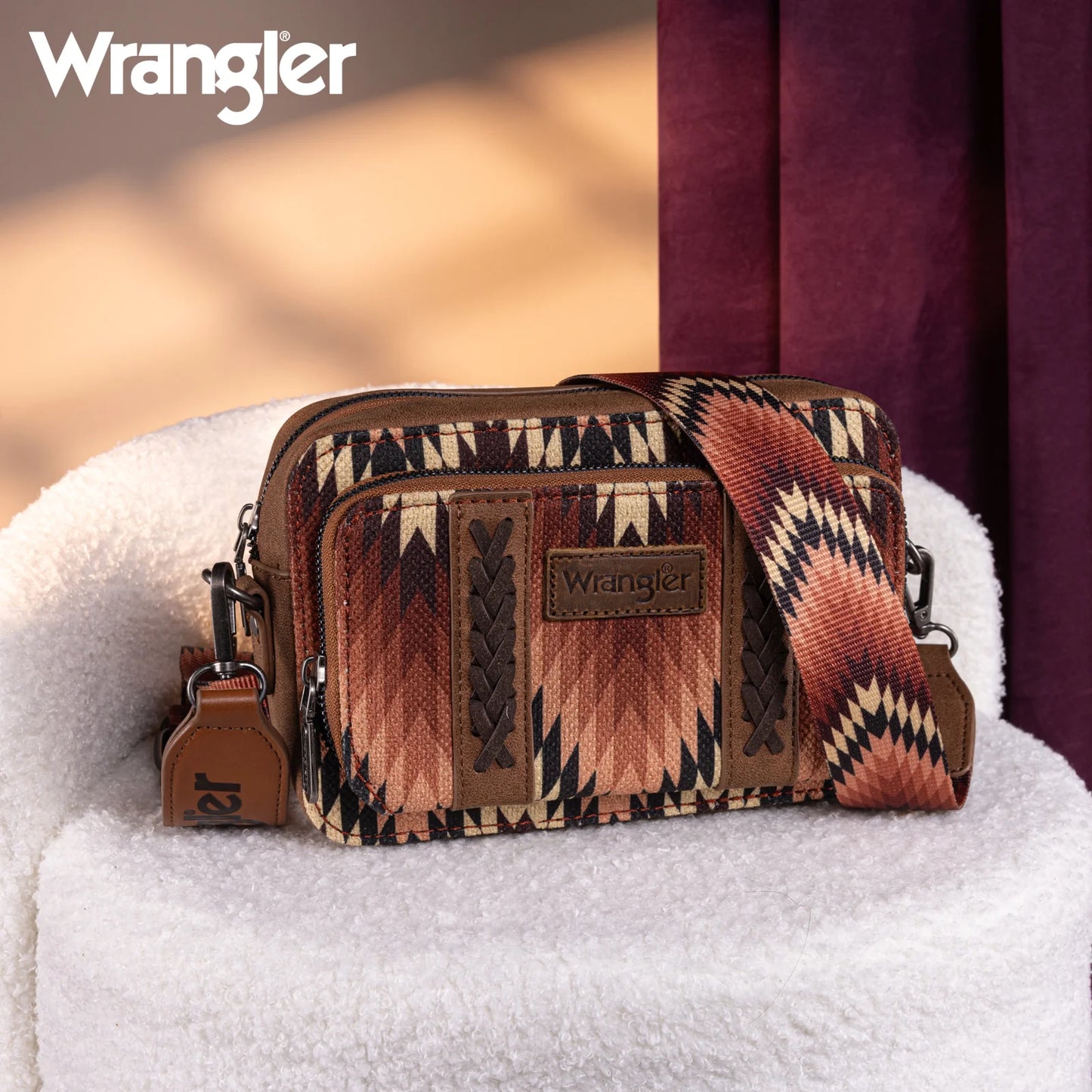 Wrangler Southwestern Pattern Dual Sided Print Crossbody Purse With Wallet Compartment -Brown - WG2211-3003BR