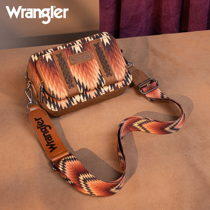 Wrangler Southwestern Pattern Dual Sided Print Crossbody Purse With Wallet Compartment -Brown - WG2211-3003BR