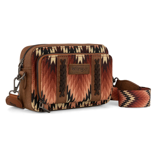 Wrangler Southwestern Pattern Dual Sided Print Crossbody Purse With Wallet Compartment -Brown - WG2211-3003BR