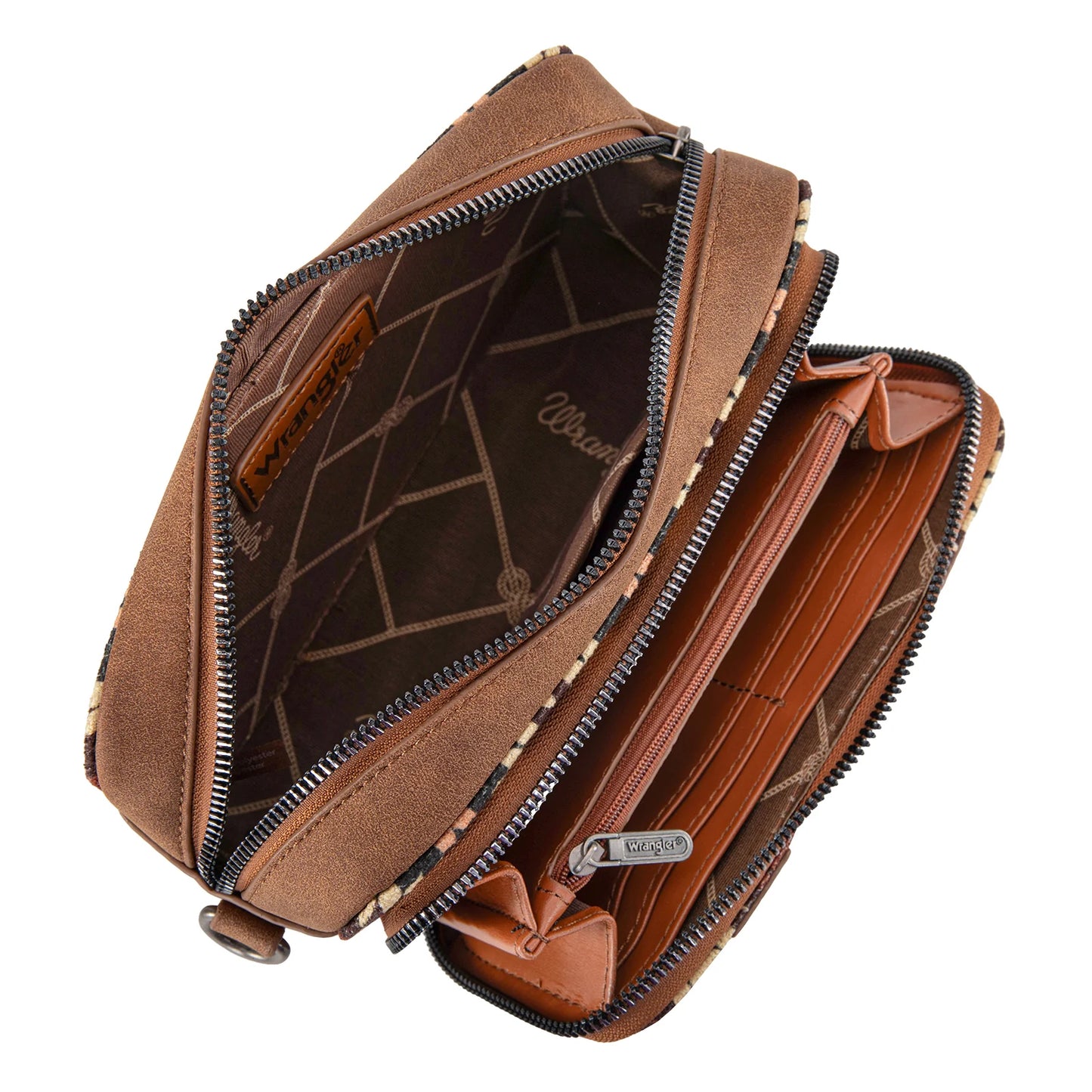 Wrangler Southwestern Pattern Dual Sided Print Crossbody Purse With Wallet Compartment -Brown - WG2211-3003BR