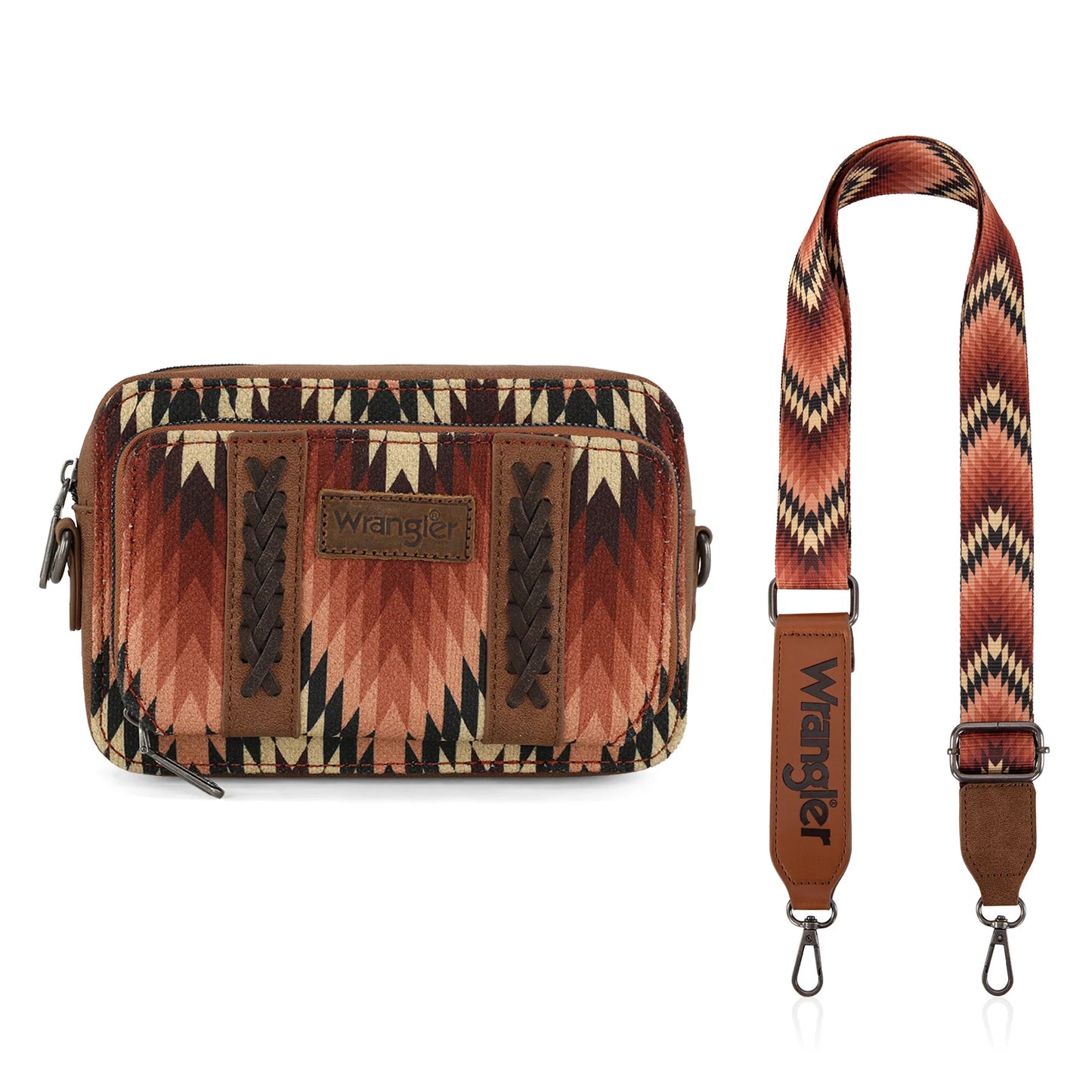 Wrangler Southwestern Pattern Dual Sided Print Crossbody Purse With Wallet Compartment -Brown - WG2211-3003BR