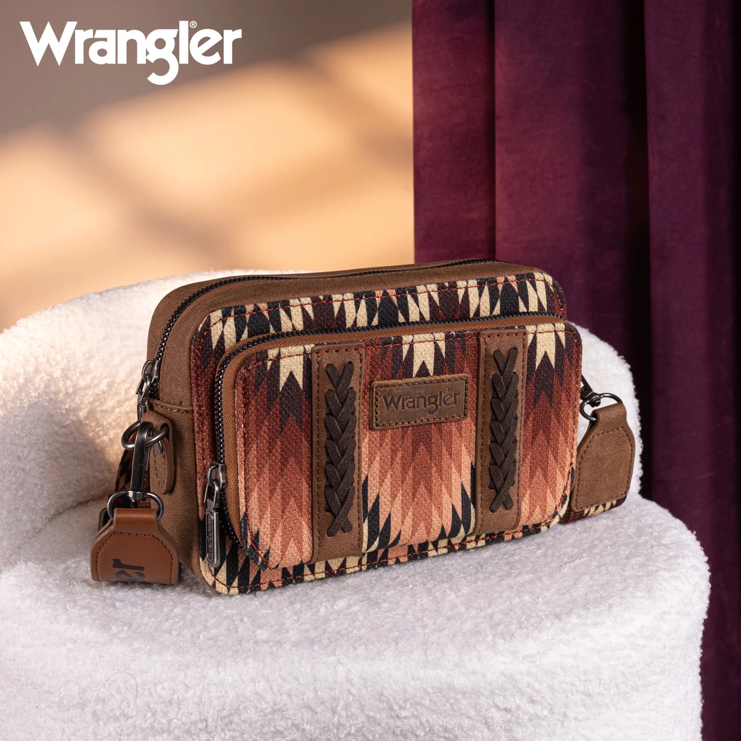 Wrangler Southwestern Pattern Dual Sided Print Crossbody Purse With Wallet Compartment -Brown - WG2211-3003BR