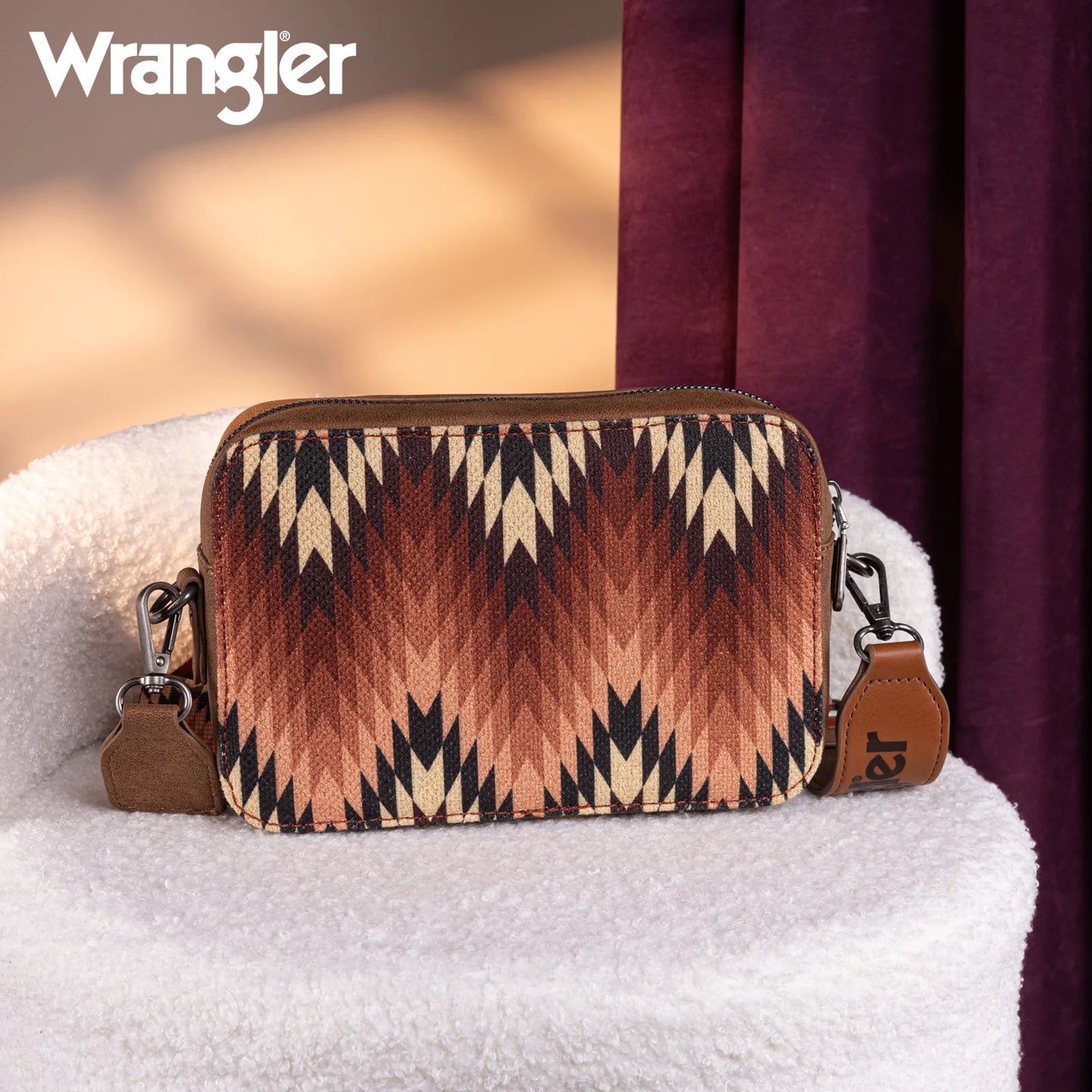 Wrangler Southwestern Pattern Dual Sided Print Crossbody Purse With Wallet Compartment -Brown - WG2211-3003BR