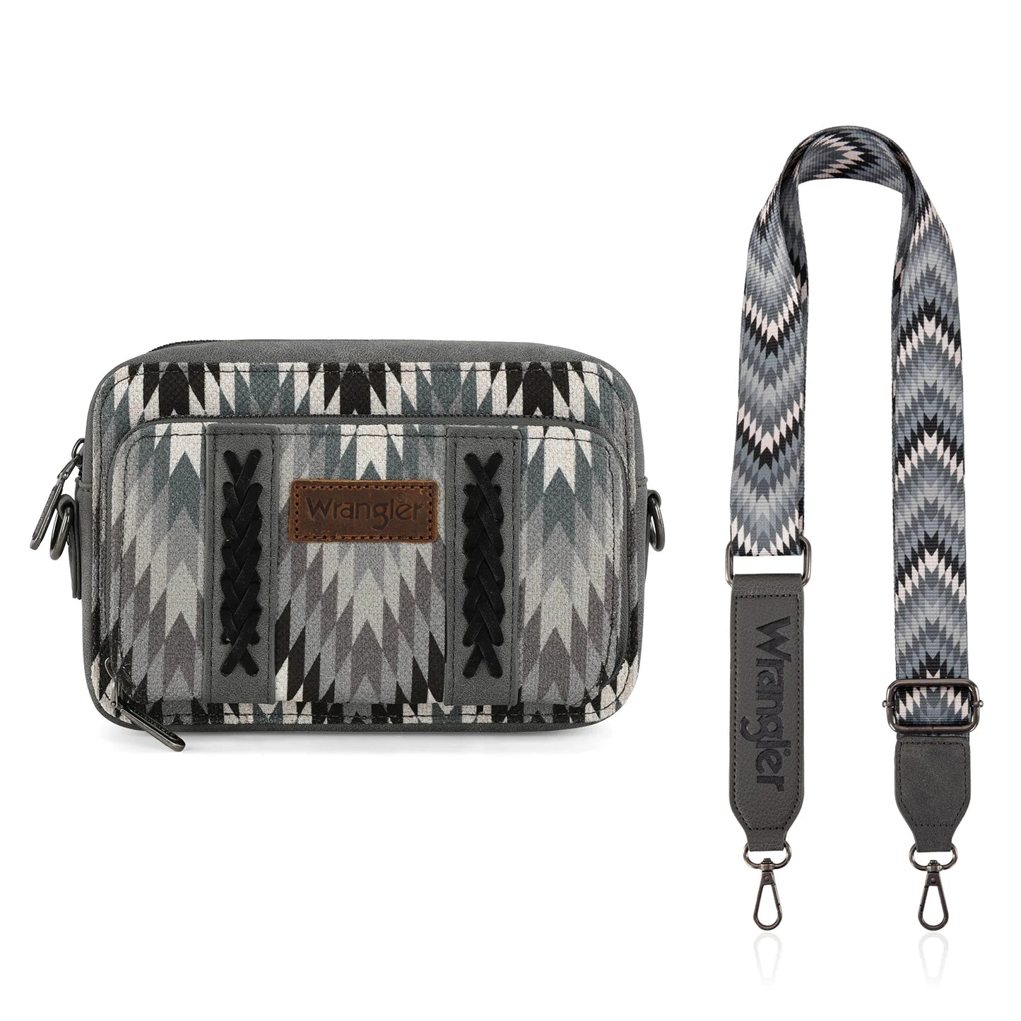 Wrangler Southwestern Pattern Dual Sided Print Crossbody Purse With Wallet Compartment - Grey - WG2211-3003GY