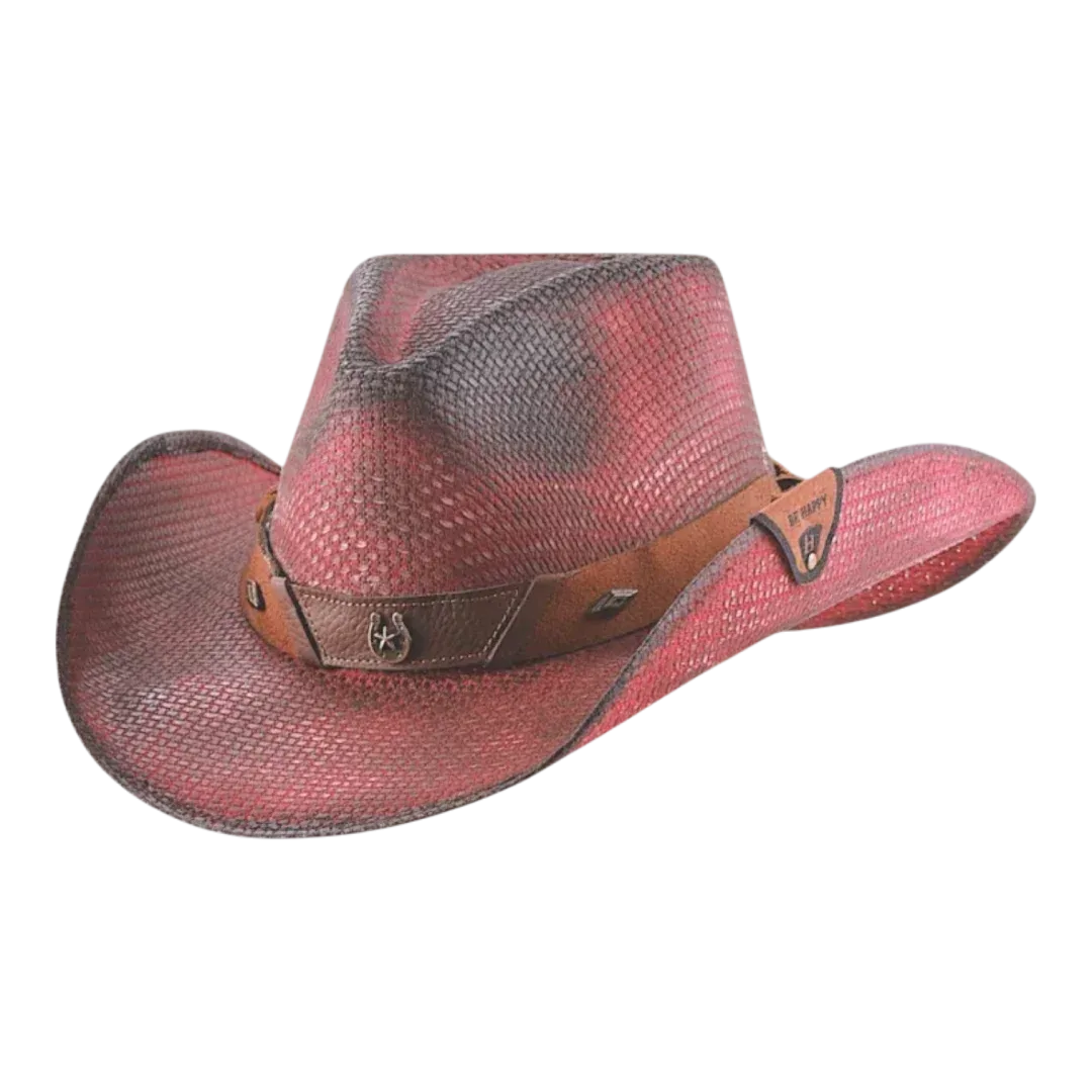 Lucky Horze - Double Shot Straw Hat - Wine Distress- 8008WD