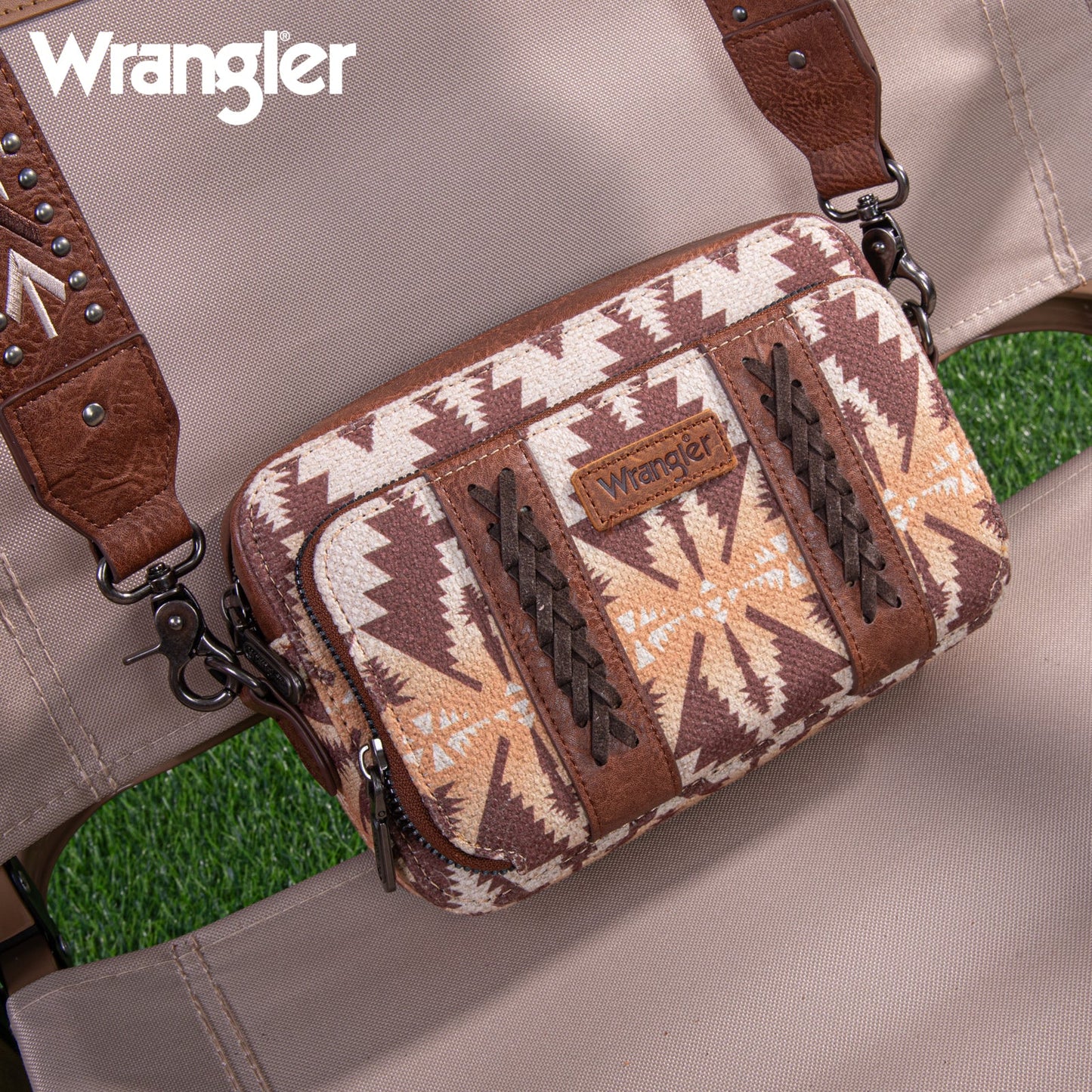 Wrangler Aztec Printed Crossbody Purse With Wallet Compartment - Light Coffee - WG2207-3003LCF