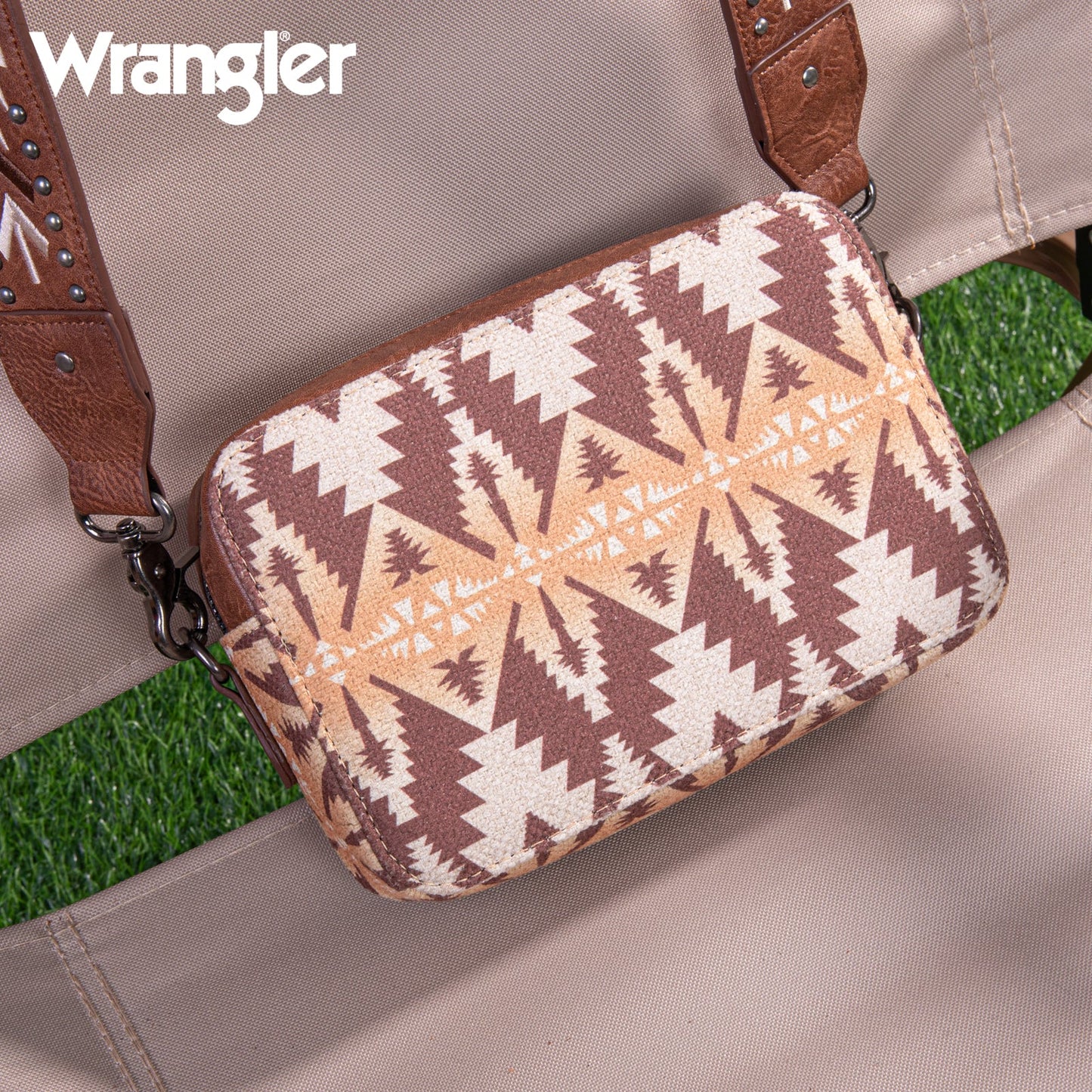 Wrangler Aztec Printed Crossbody Purse With Wallet Compartment - Light Coffee - WG2207-3003LCF