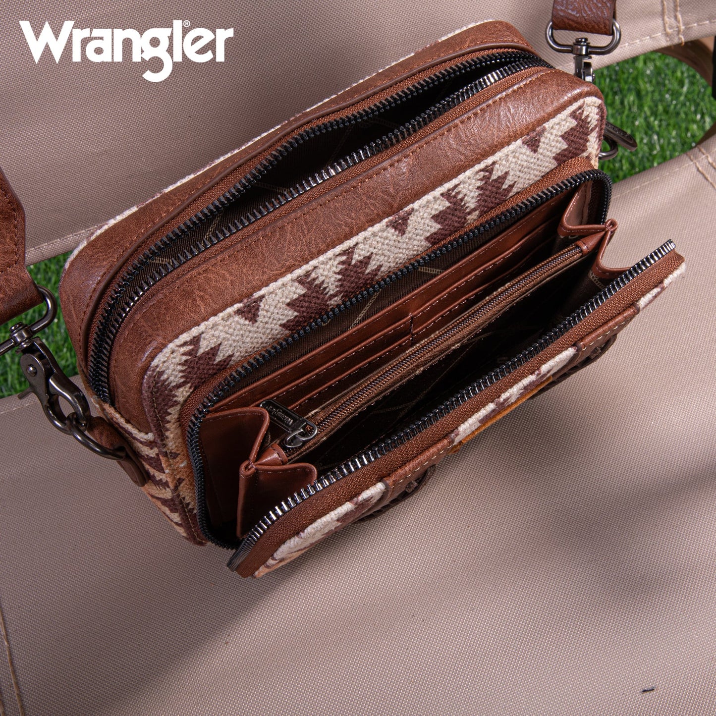 Wrangler Aztec Printed Crossbody Purse With Wallet Compartment - Light Coffee - WG2207-3003LCF
