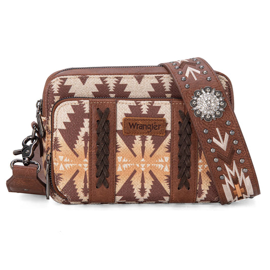 Wrangler Aztec Printed Crossbody Purse With Wallet Compartment - Light Coffee - WG2207-3003LCF