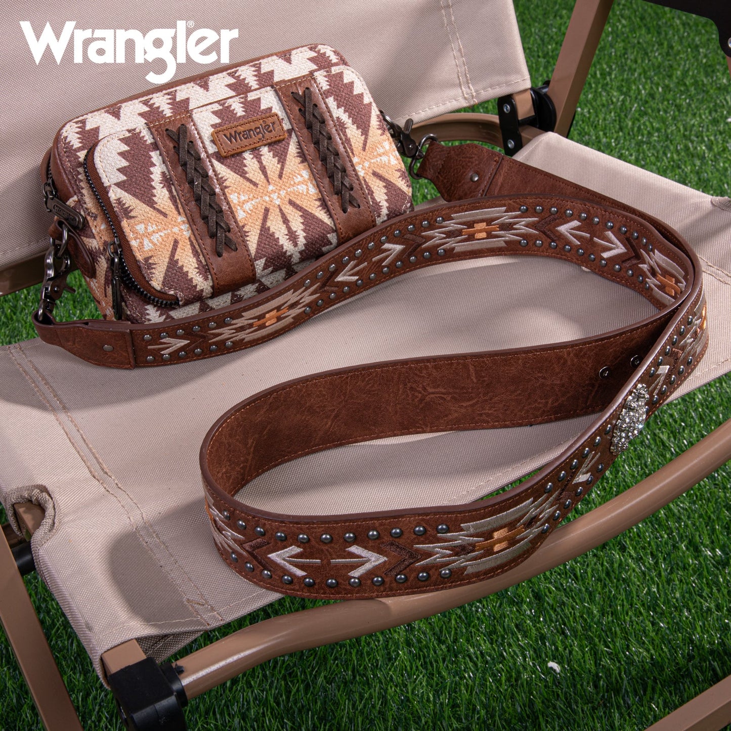 Wrangler Aztec Printed Crossbody Purse With Wallet Compartment - Light Coffee - WG2207-3003LCF